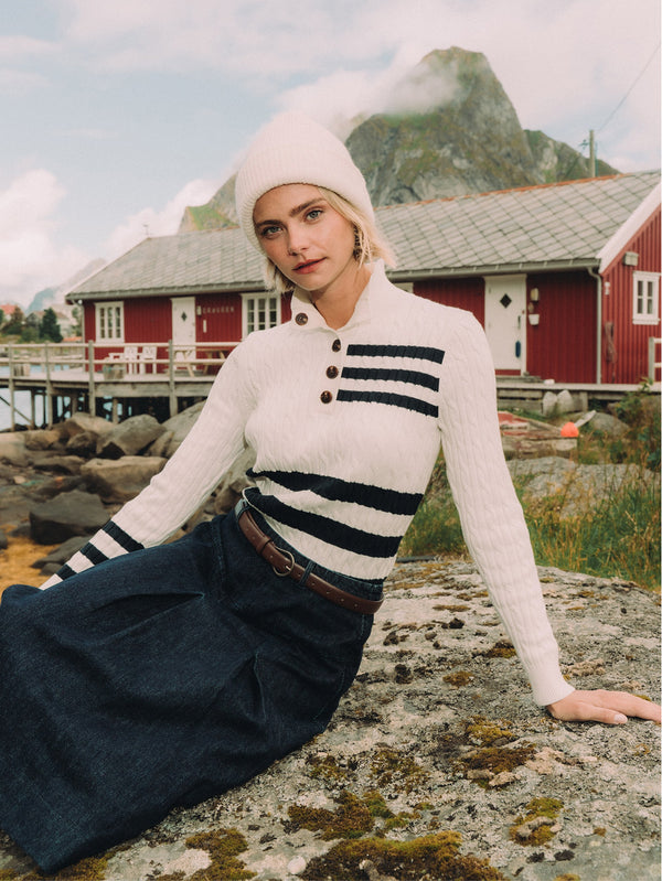 Mix Stripe Cable Sweater - White and Navy
