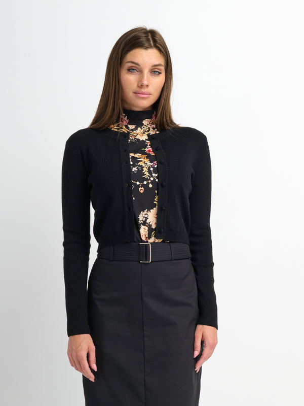 Basic Crew Knit Cardigan 20" - Black