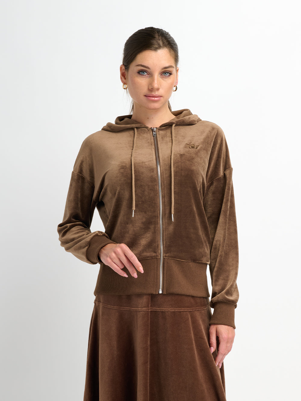 Velour Full Zip Hoodie - Brown