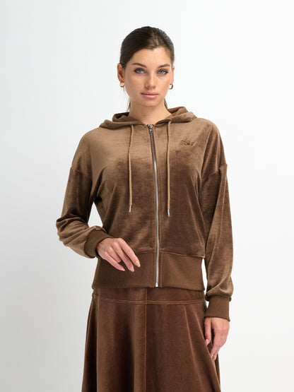 Velour Full Zip Hoodie - Brown
