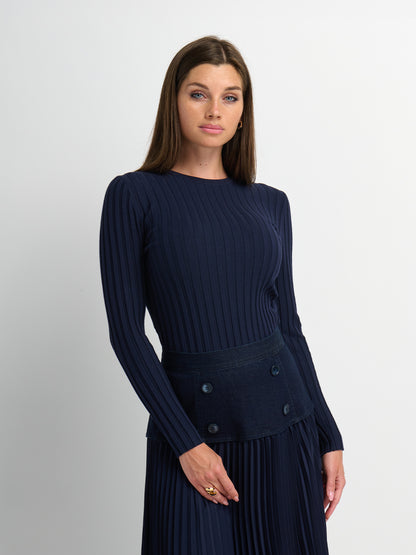 Ribbed Crew Neck Sweater - Navy