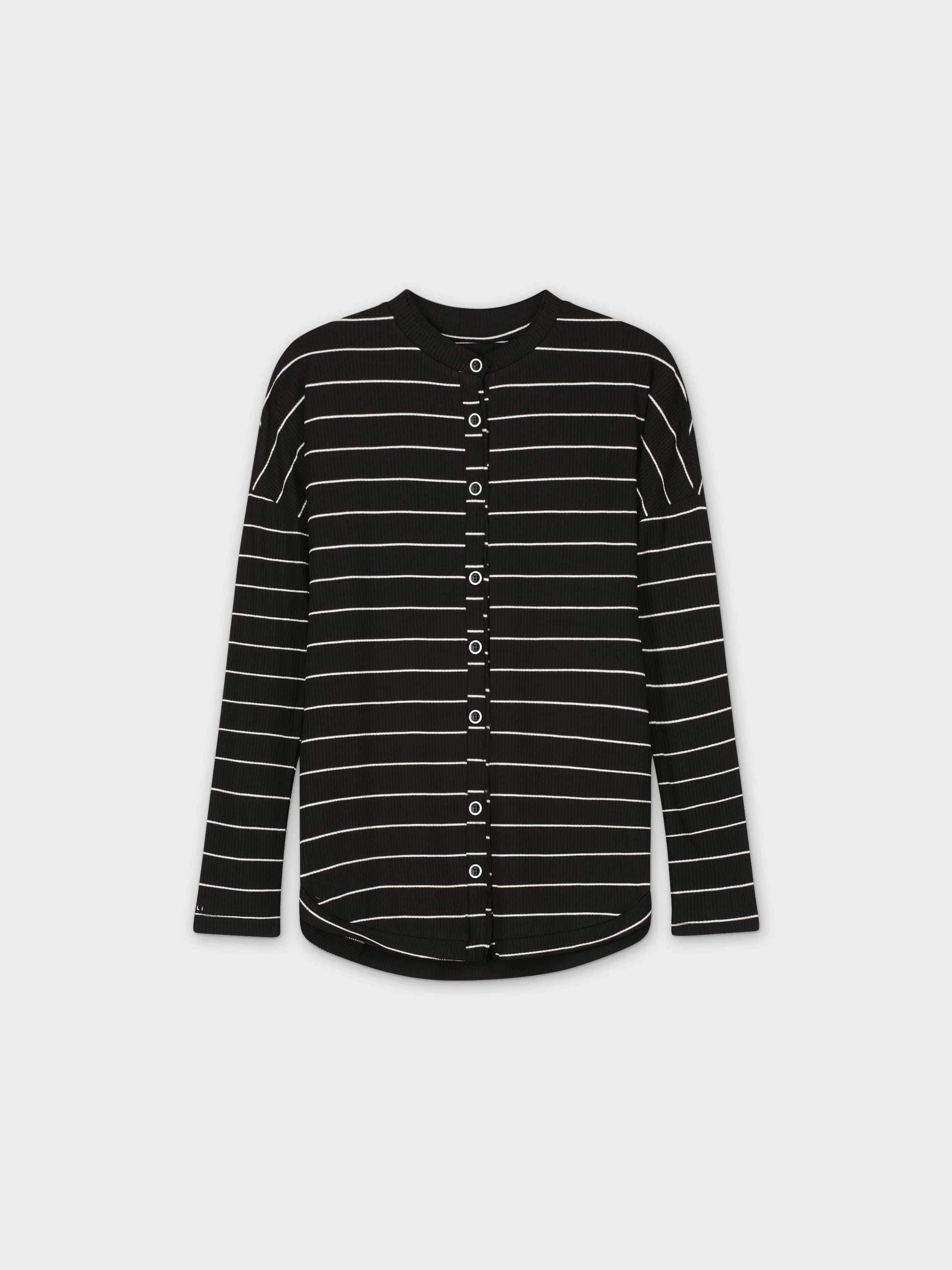 BUTTON DOWN RIBBED STRIPED TEE-WHITE/BLACK