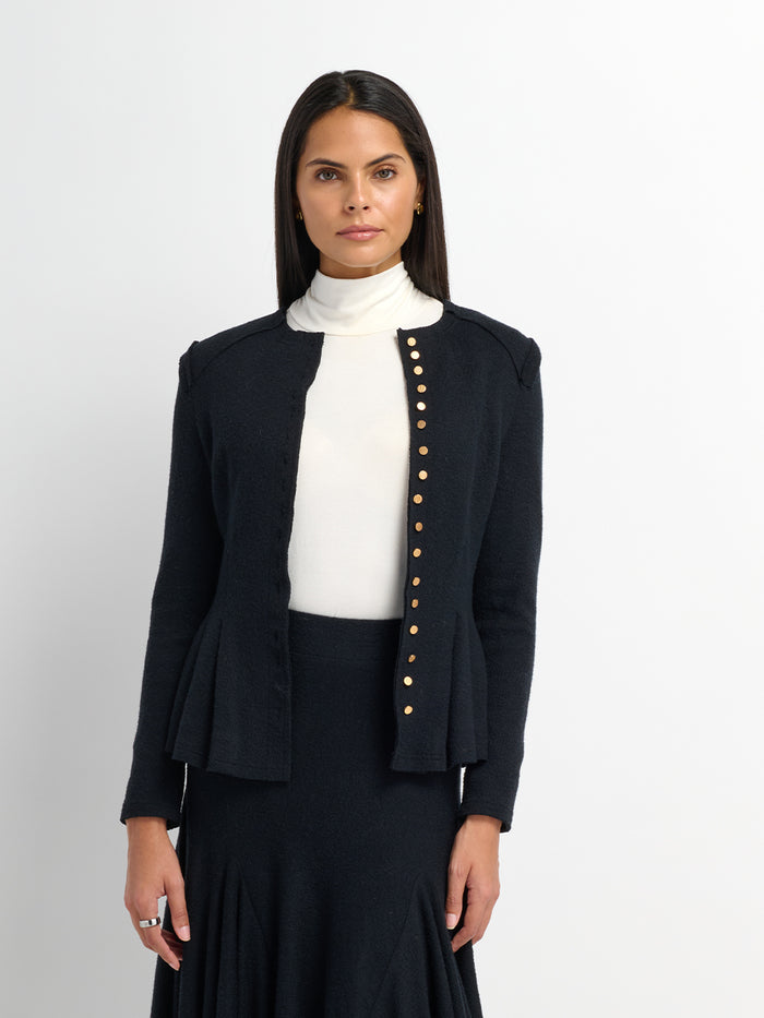 Mini Gold Button Peplum Top - Black