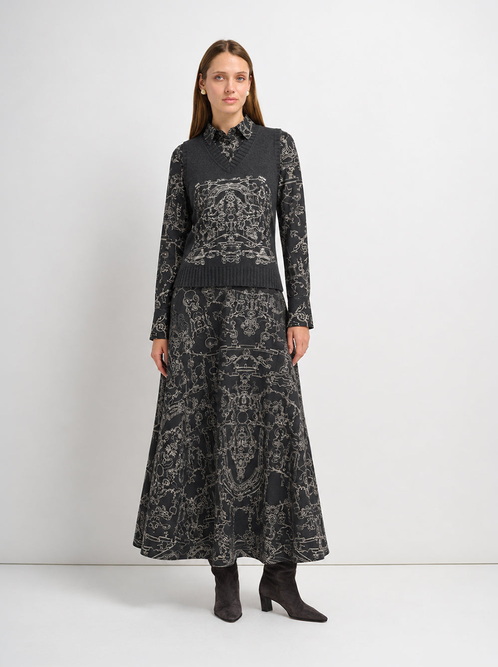 Printed Yoke Circle Skirt - Grey