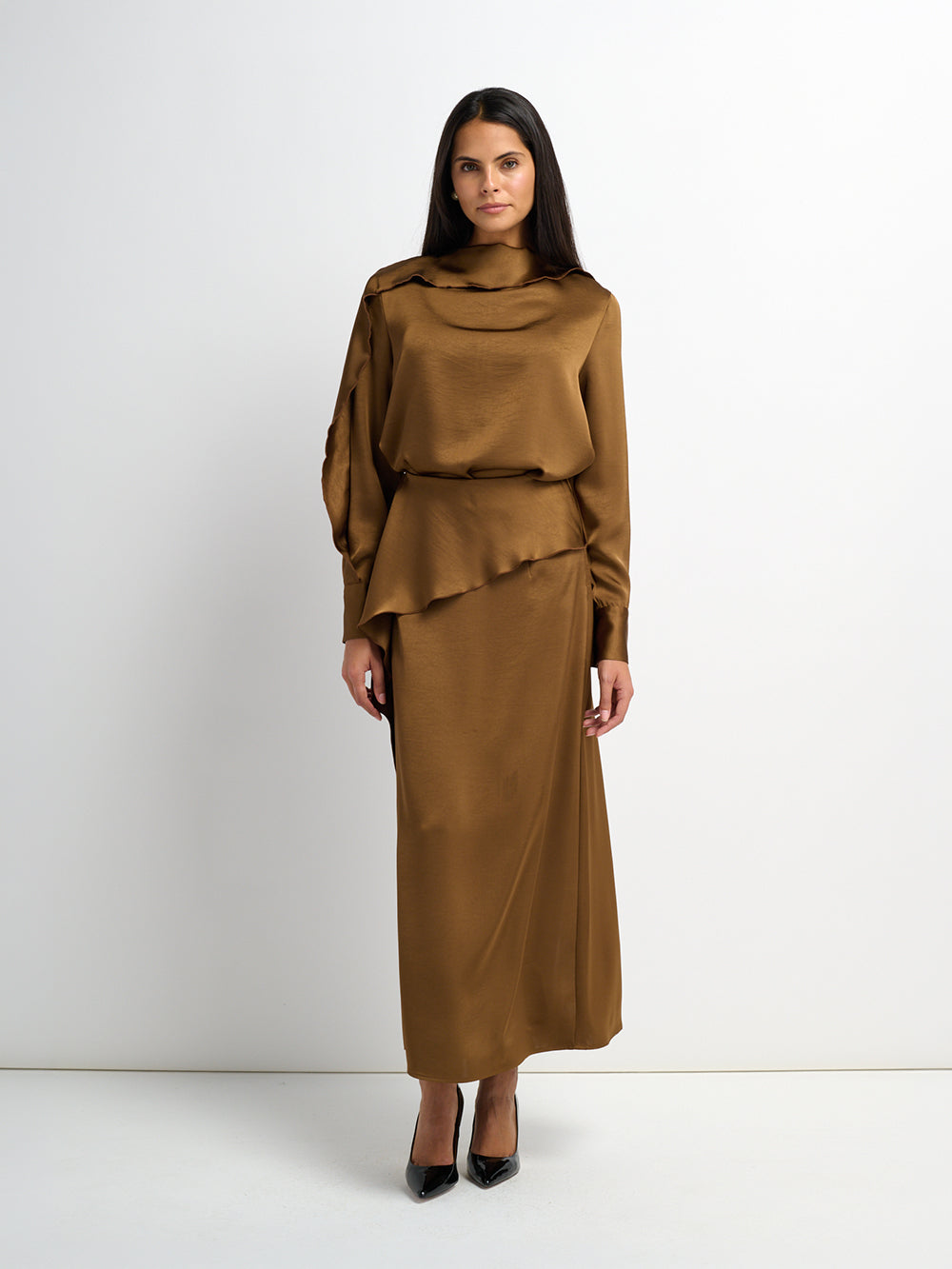 Faux Satin Ruffle Skirt - Bronze