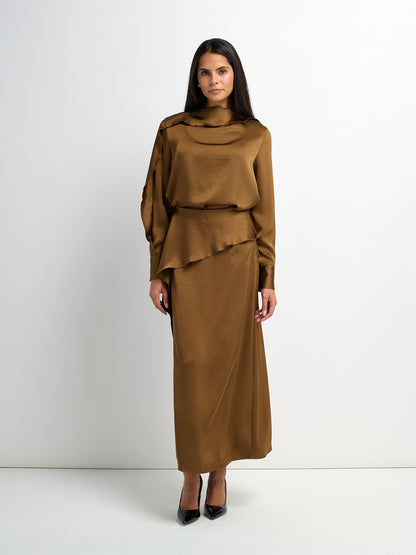 Faux Satin Ruffle Skirt - Bronze