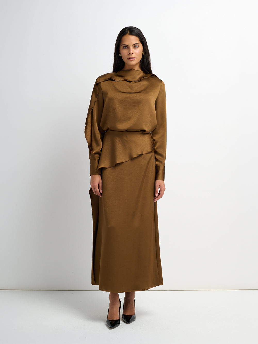Faux Satin Ruffle Skirt - Bronze