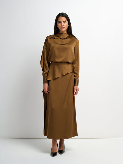 Faux Satin Ruffle Skirt - Bronze