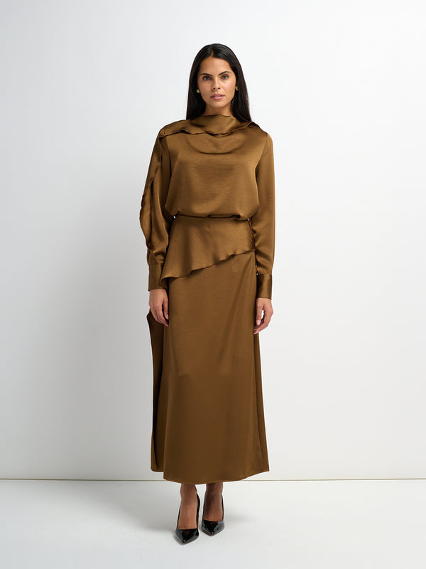Faux Satin Ruffle Skirt - Bronze