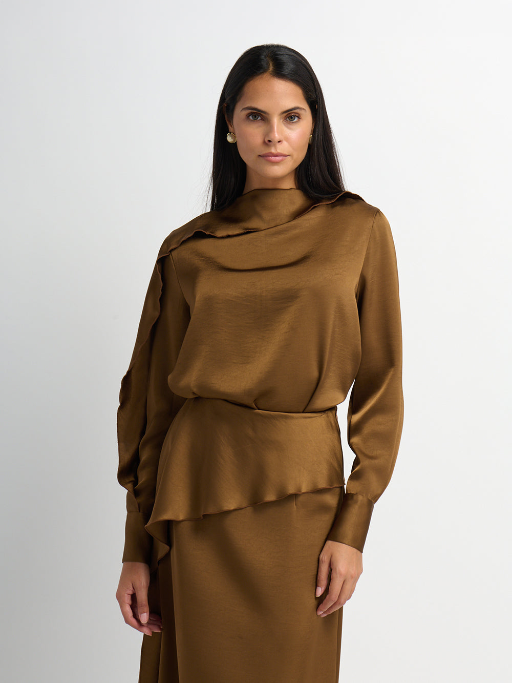 Faux Satin Ruffle Top - Bronze