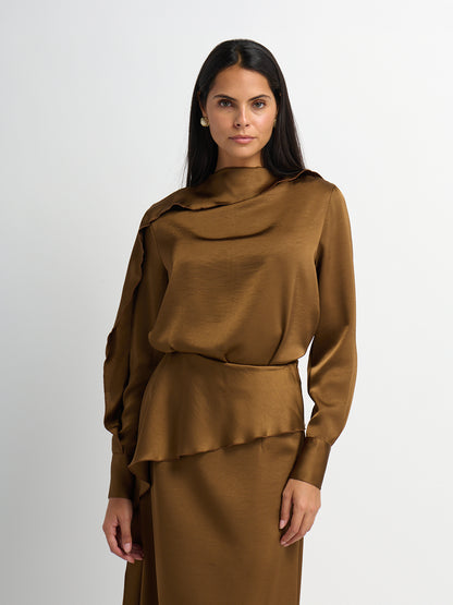 Faux Satin Ruffle Top - Bronze