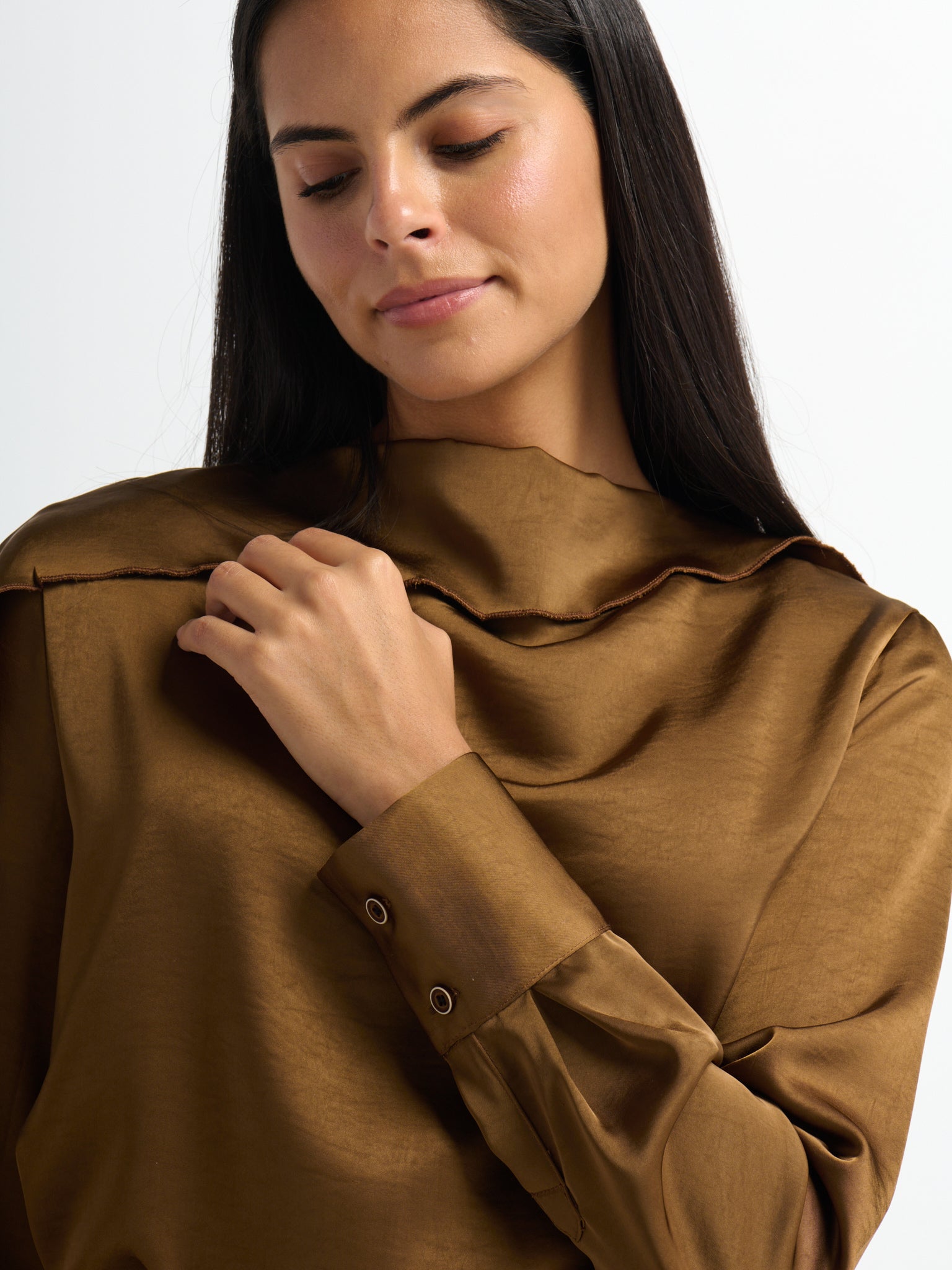 Faux Satin Ruffle Top - Bronze