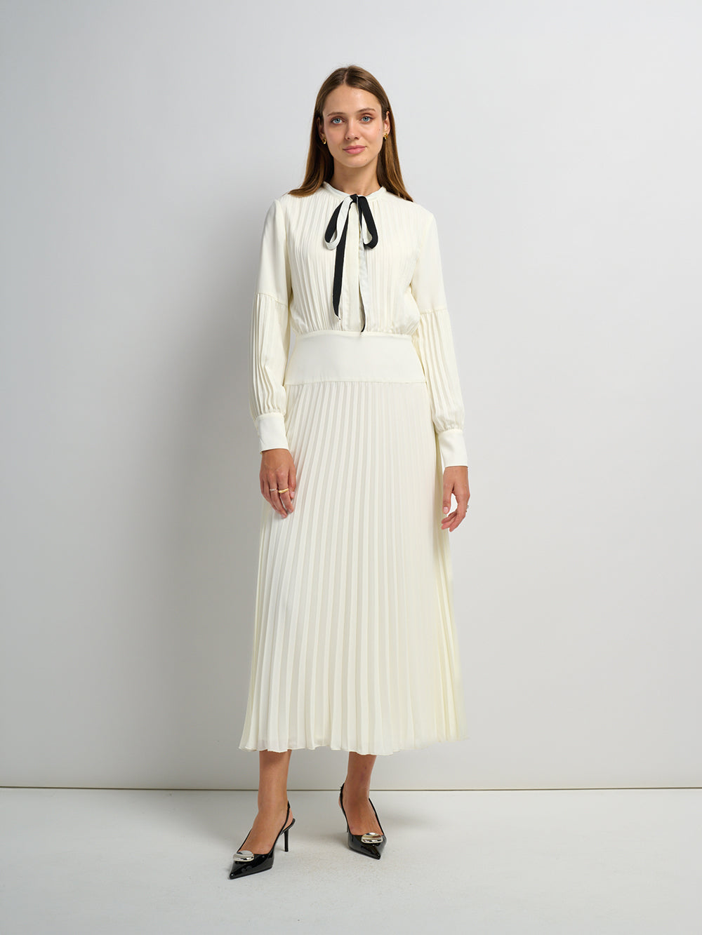 Mini Pleat Yoke Dress - Cream