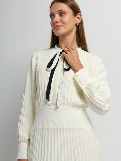 Mini Pleat Yoke Dress - Cream