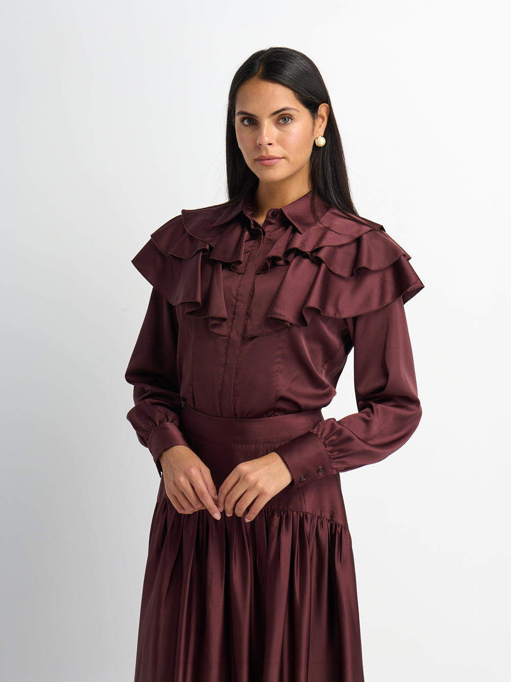 Double Ruffle Faux Satin Blouse - Wine