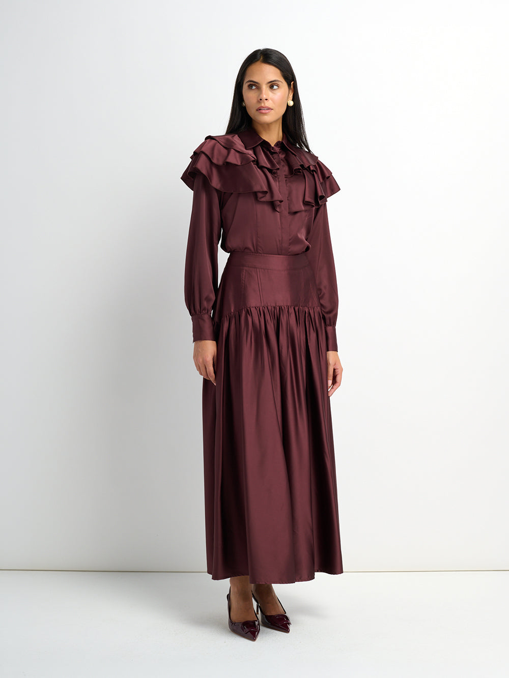 Yoke Stitched Faux Satin Skirt - Wine