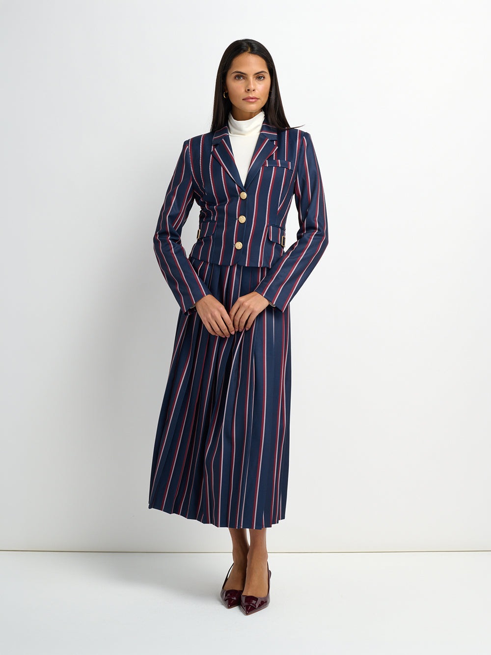 Pleated Waist Belted Skirt - Navy Stripe