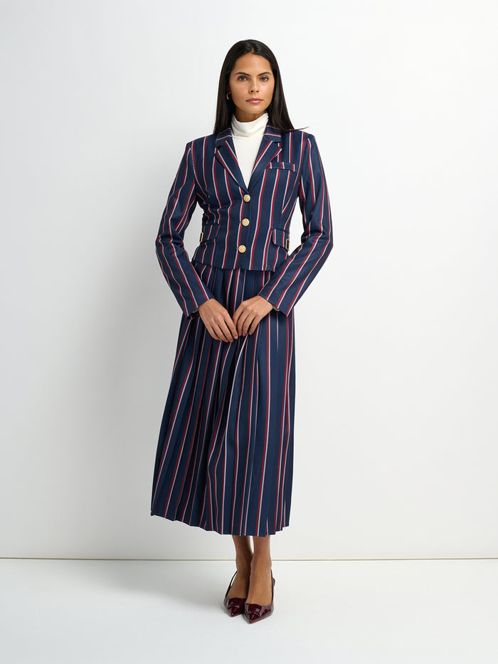 Pleated Waist Belted Skirt - Navy Stripe