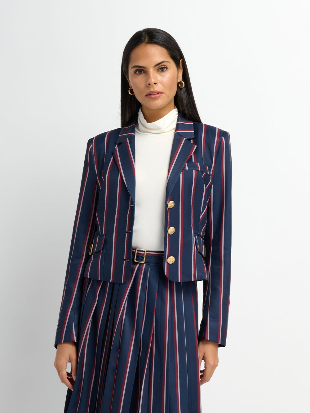 Crop Gold Button Jacket - Navy Stripe