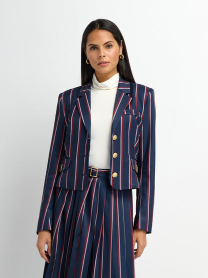 Crop Gold Button Jacket - Navy Stripe