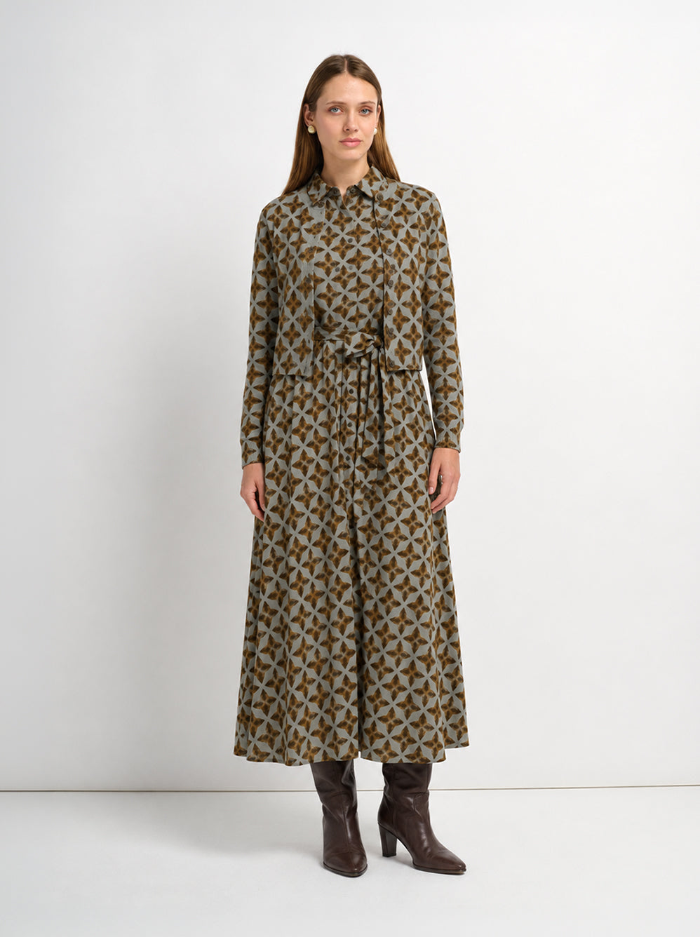 Basic Aline Belted Dress - Brown Sketch