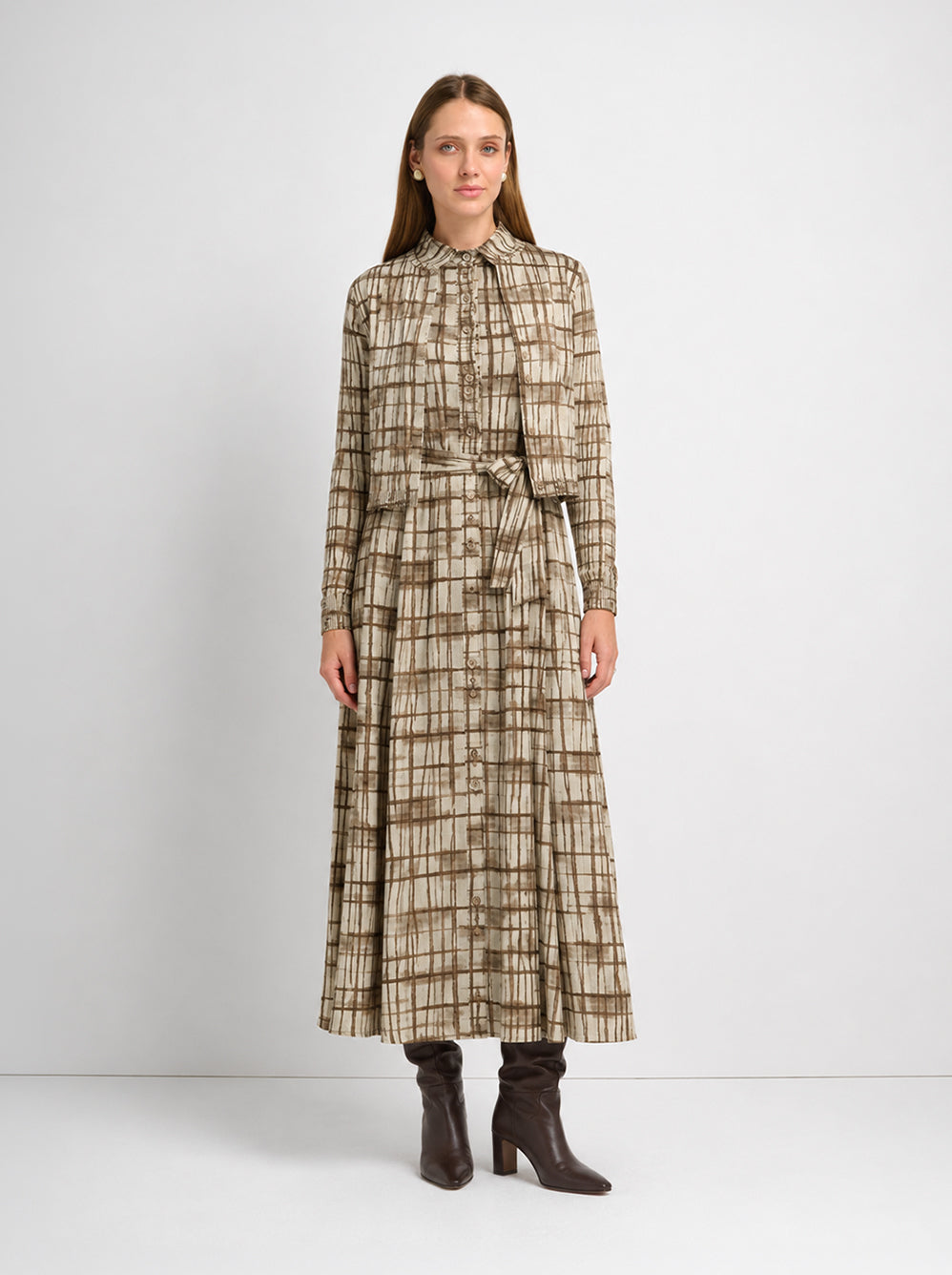 Basic Aline Belted Dress - Brown Sketch