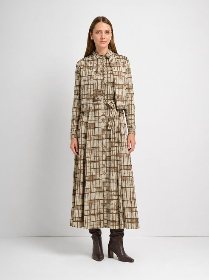 Basic Aline Belted Dress - Brown Sketch
