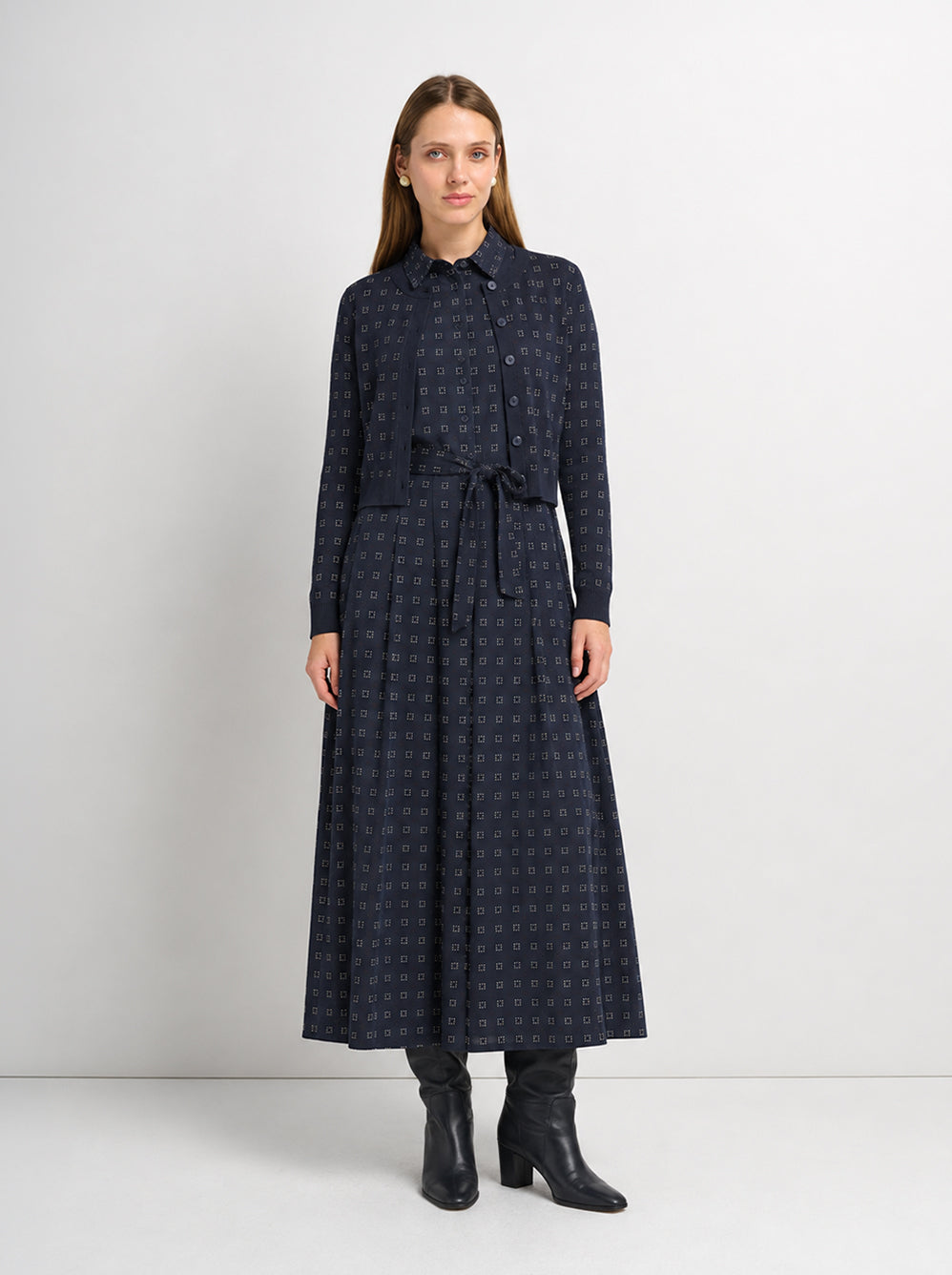 Basic Aline Belted Dress - Navy Geometric
