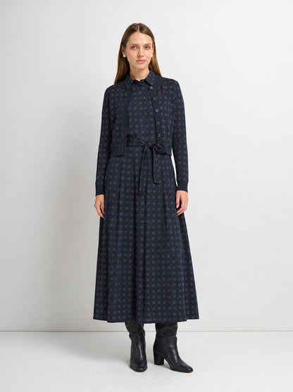 Basic Aline Belted Dress - Navy Geometric