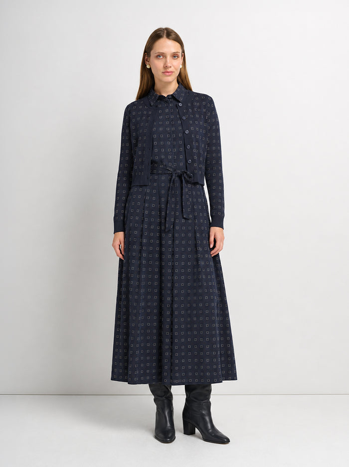 Basic Aline Belted Dress - Navy Geometric
