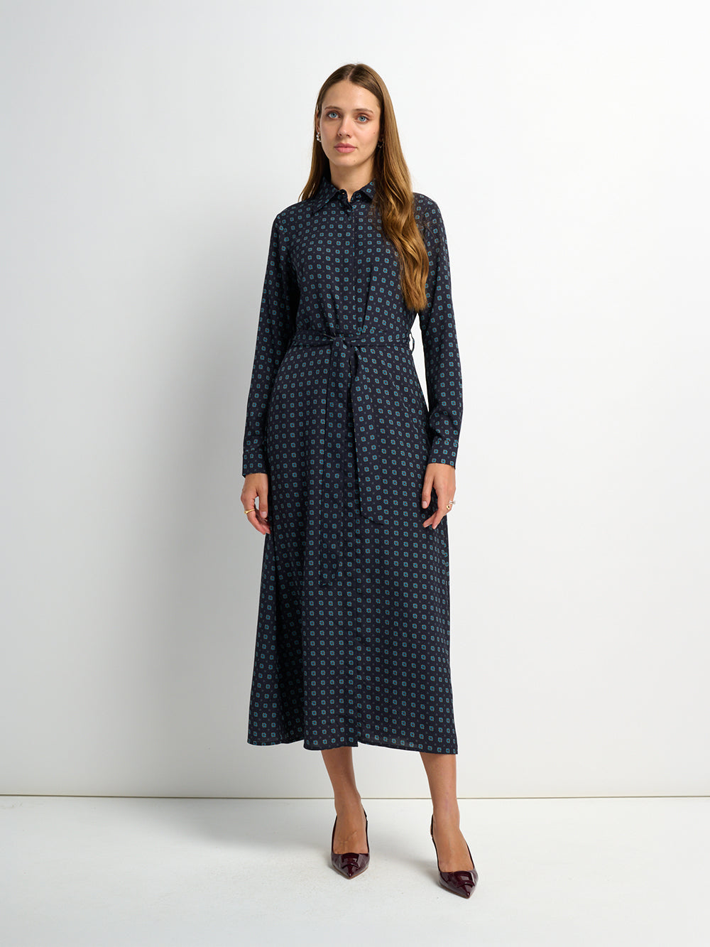 Basic Aline Belted Dress - Navy Geometric