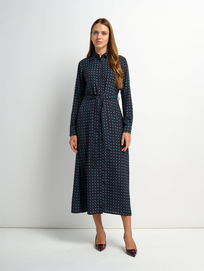 Basic Aline Belted Dress - Navy Geometric