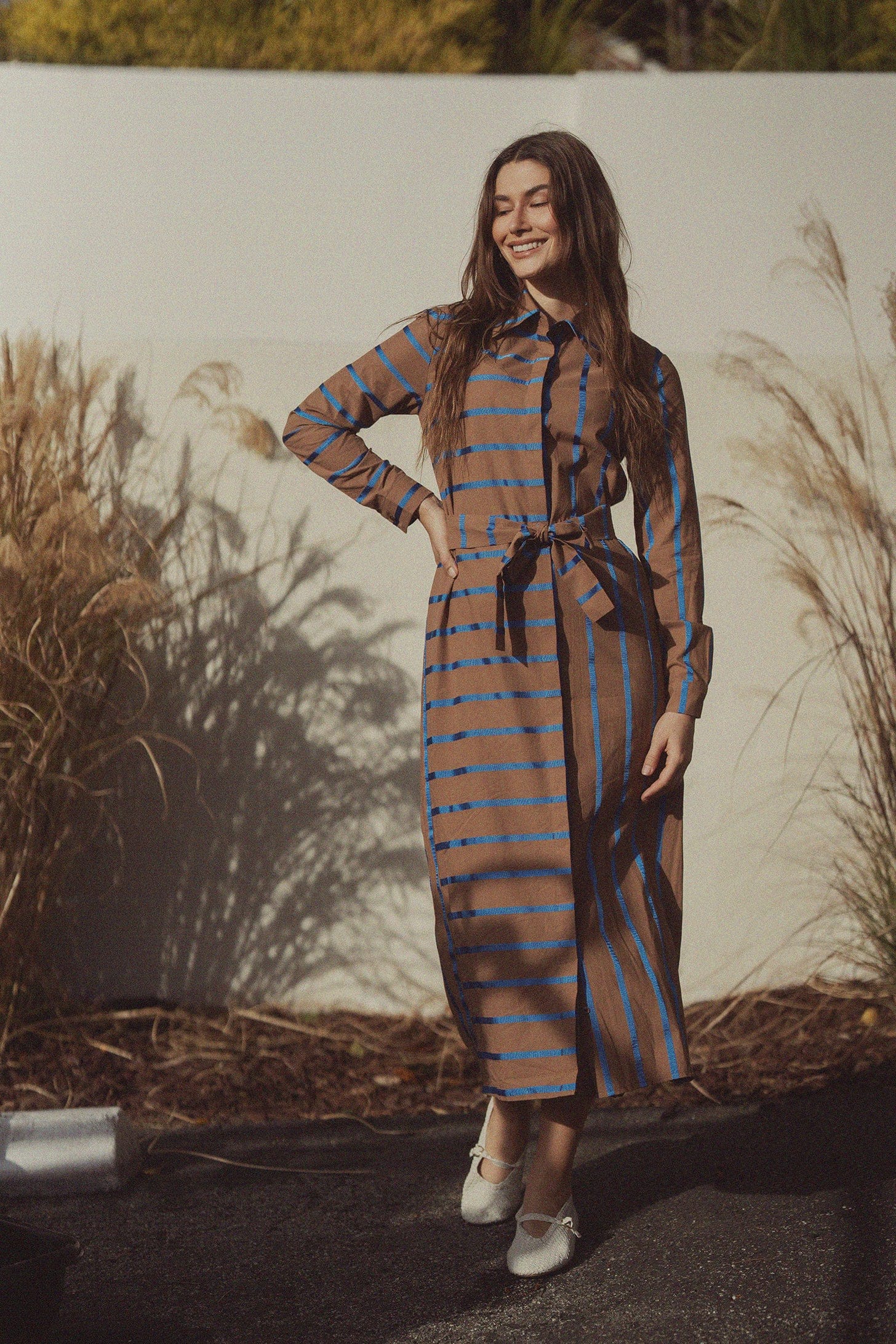 Long Button Down Shirtdress-Brown/Blue Stripe