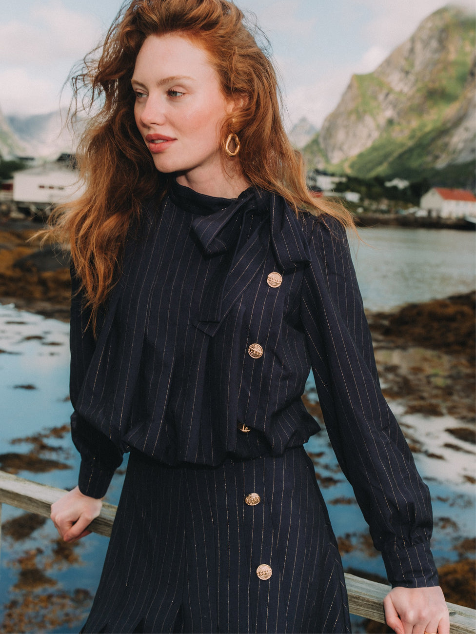 Side Button Pleat Dress - Blue Pinstripe