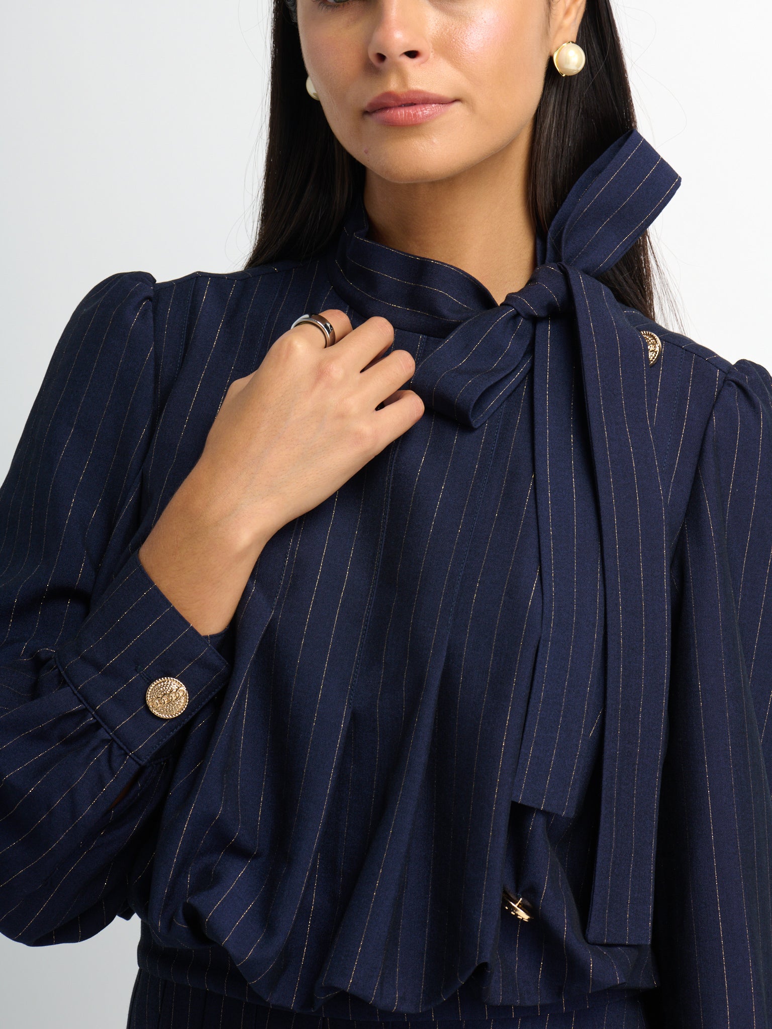 Side Button Pleat Dress - Blue Pinstripe