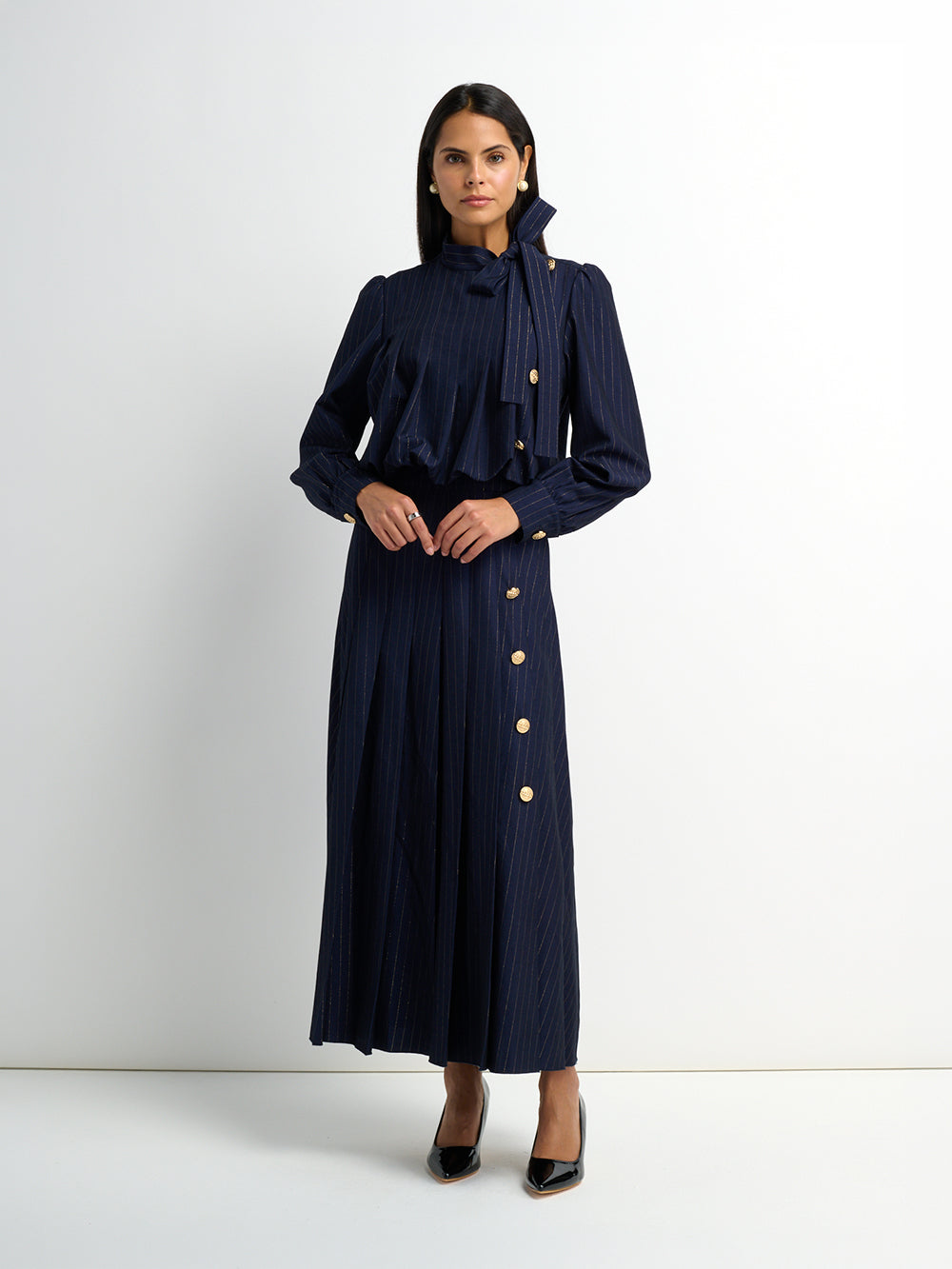 Side Button Pleat Dress - Blue Pinstripe