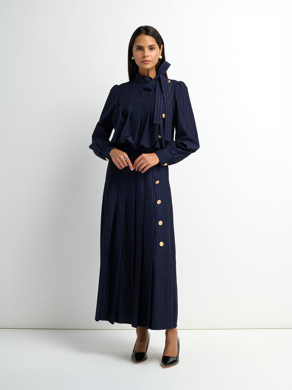 Side Button Pleat Dress - Blue Pinstripe
