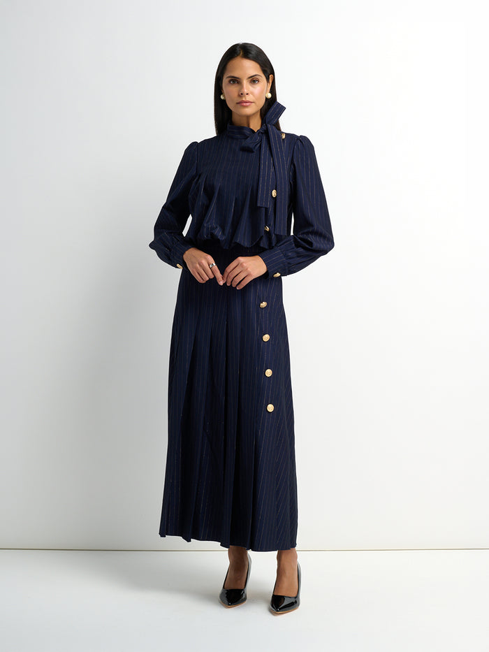 Side Button Pleat Dress - Blue Pinstripe