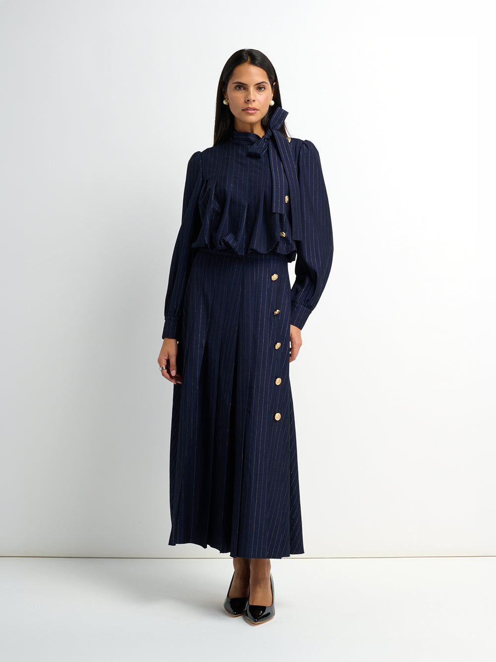 Side Button Pleat Dress - Blue Pinstripe