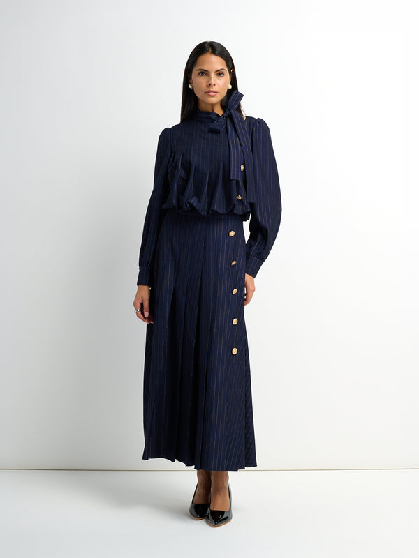 Side Button Pleat Dress - Blue Pinstripe