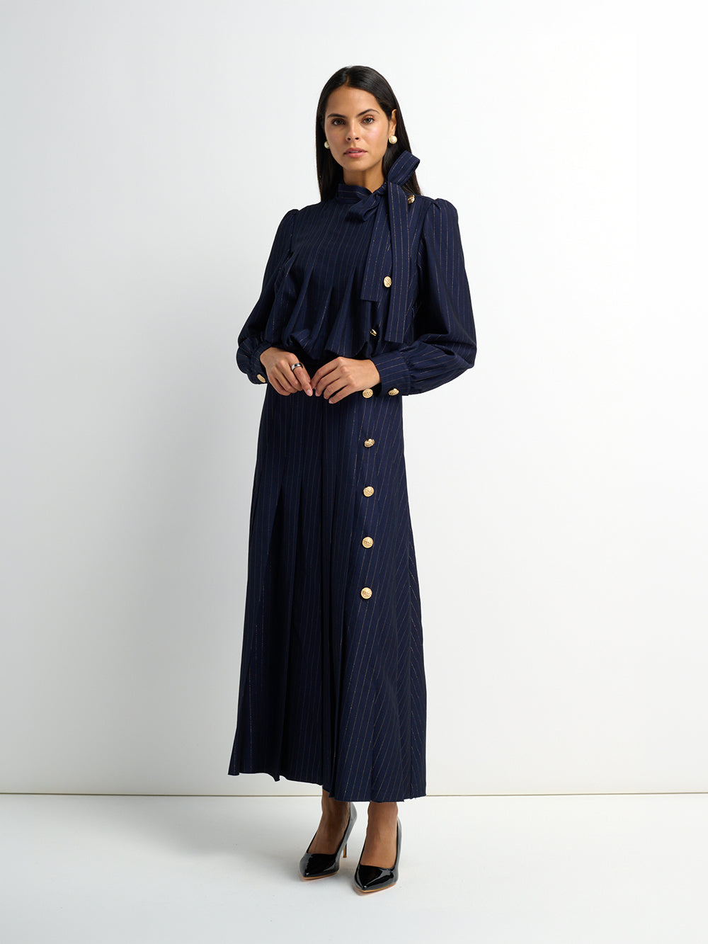 Side Button Pleat Dress - Blue Pinstripe