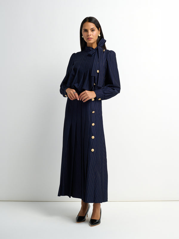 Side Button Pleat Dress - Blue Pinstripe