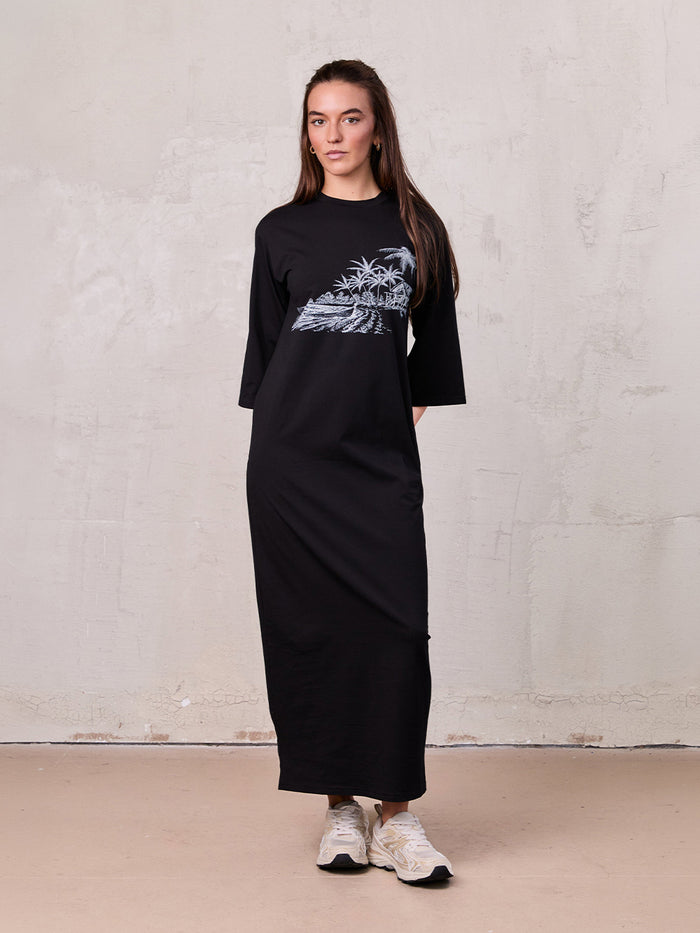 Maxi T-Shirt Dress-Black/White Palm
