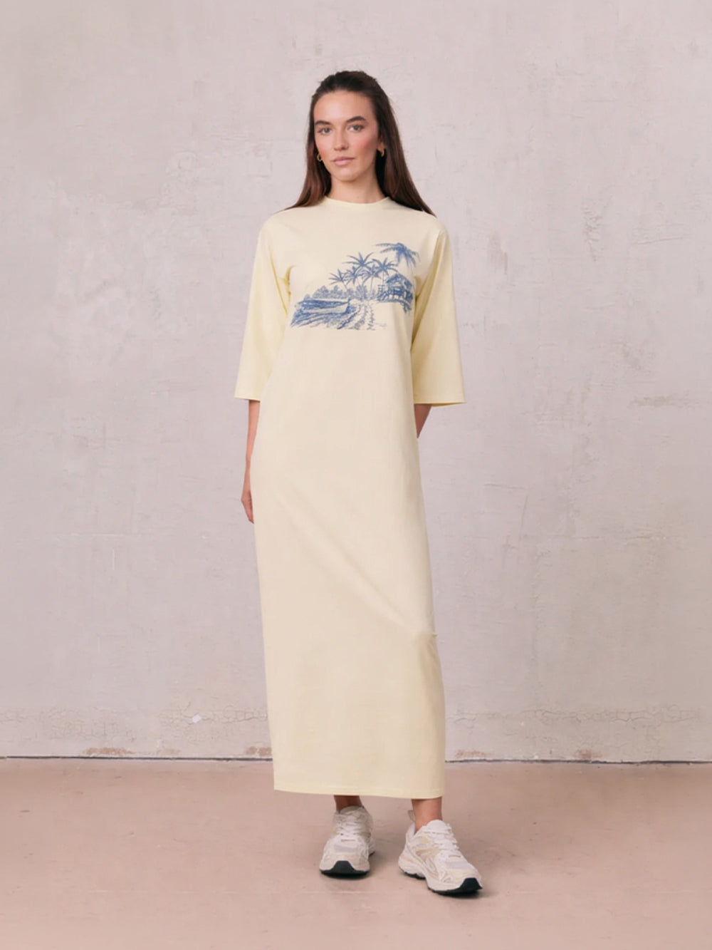 Maxi T-Shirt Dress-Yellow/Blue Palm