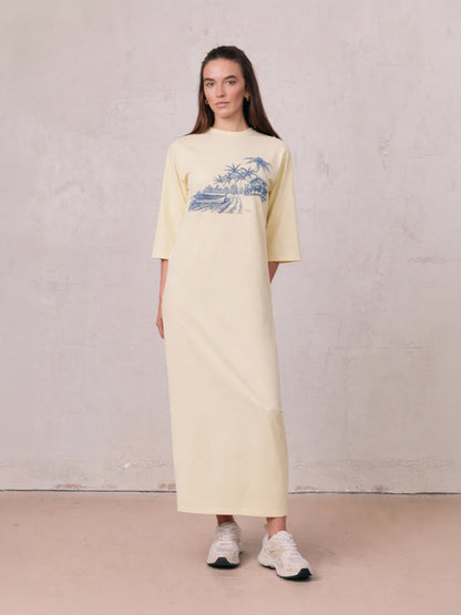 Maxi T-Shirt Dress-Yellow/Blue Palm