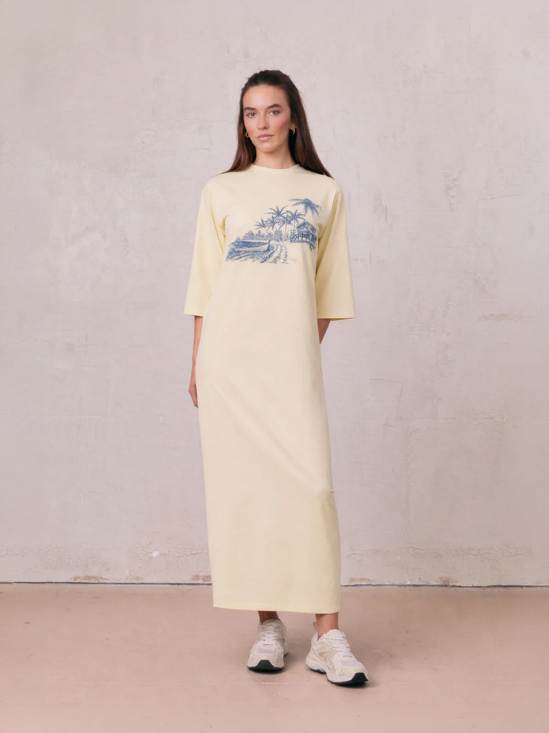 Maxi T-Shirt Dress-Yellow/Blue Palm