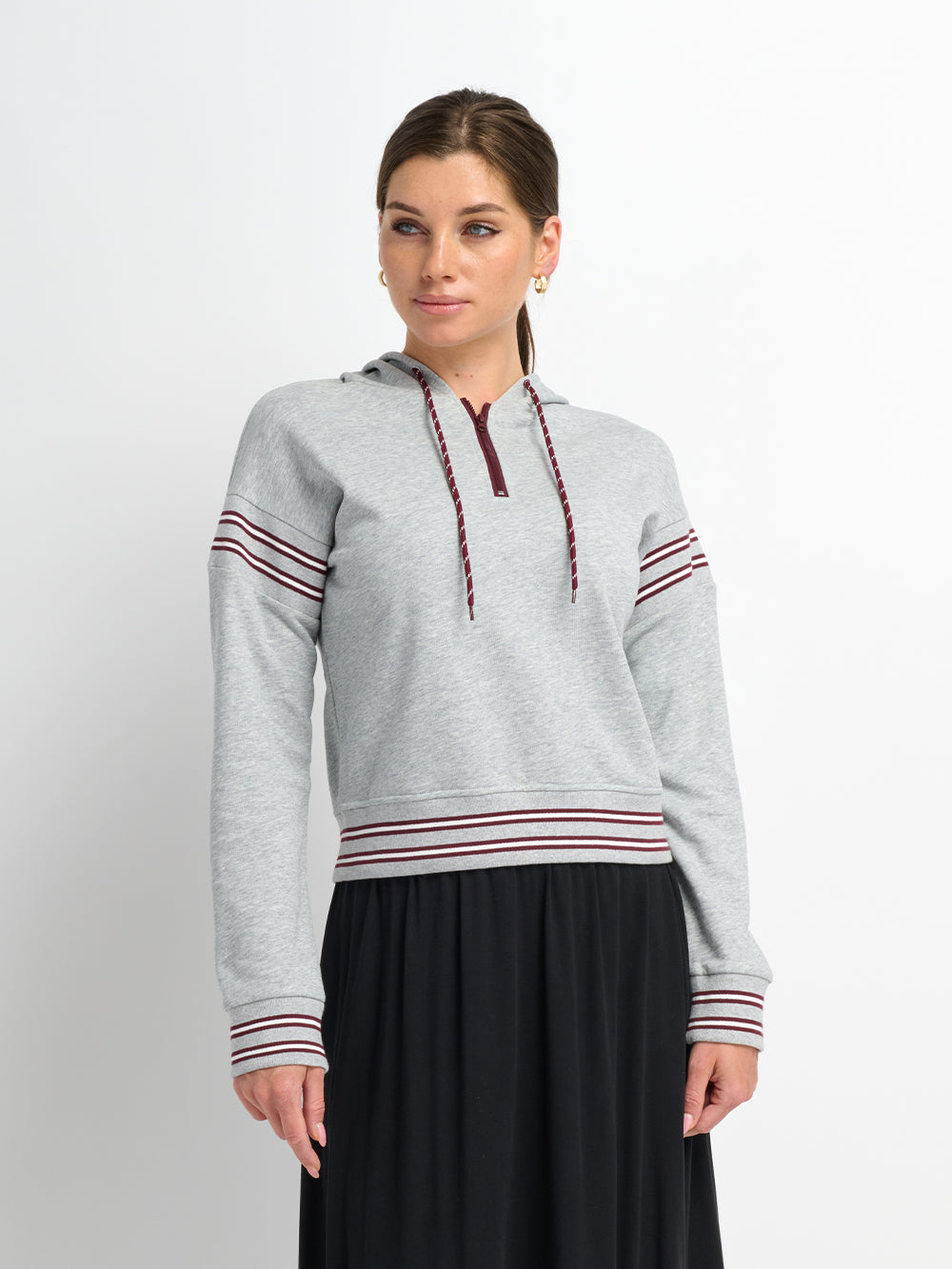 Half Zip Hoodie Sweatshirt - Grey/Burgundy