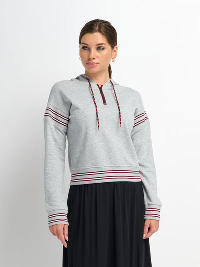 Half Zip Hoodie Sweatshirt - Grey/Burgundy