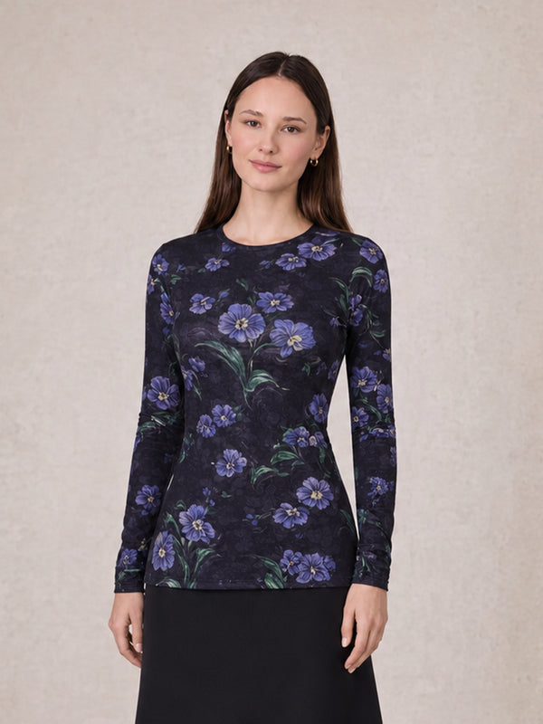 Mesh Crew Neck Print Top-Blue Floral