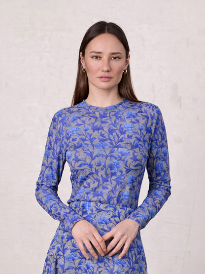 Mesh Crew Neck Print Top-Blue/Grey Vines